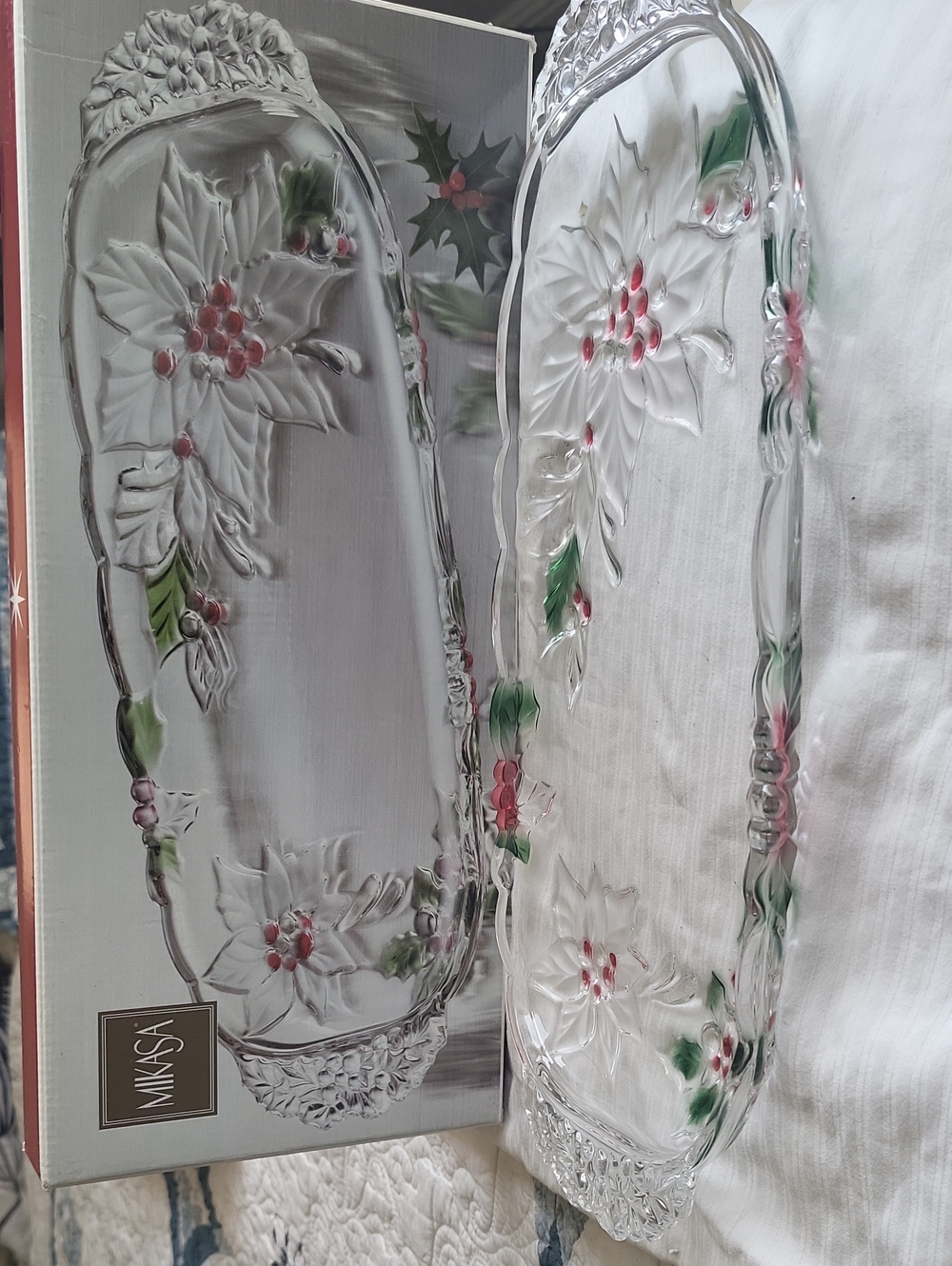 Mikasa Clear Glass Holiday Poinsettia Tray with Red and Green Accents